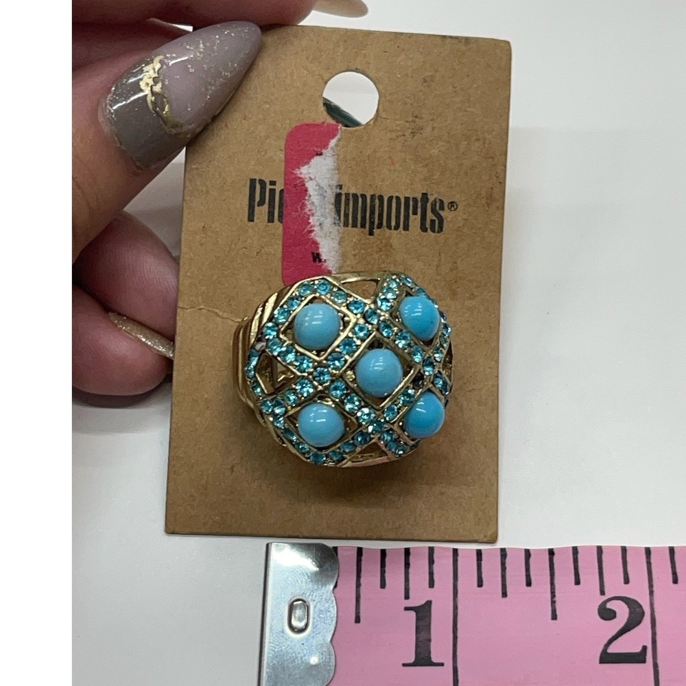 Pier 1 Imports‎ Gold Tone Turquoise Blue Rhinestone Dome Cocktail Ring 2458885
